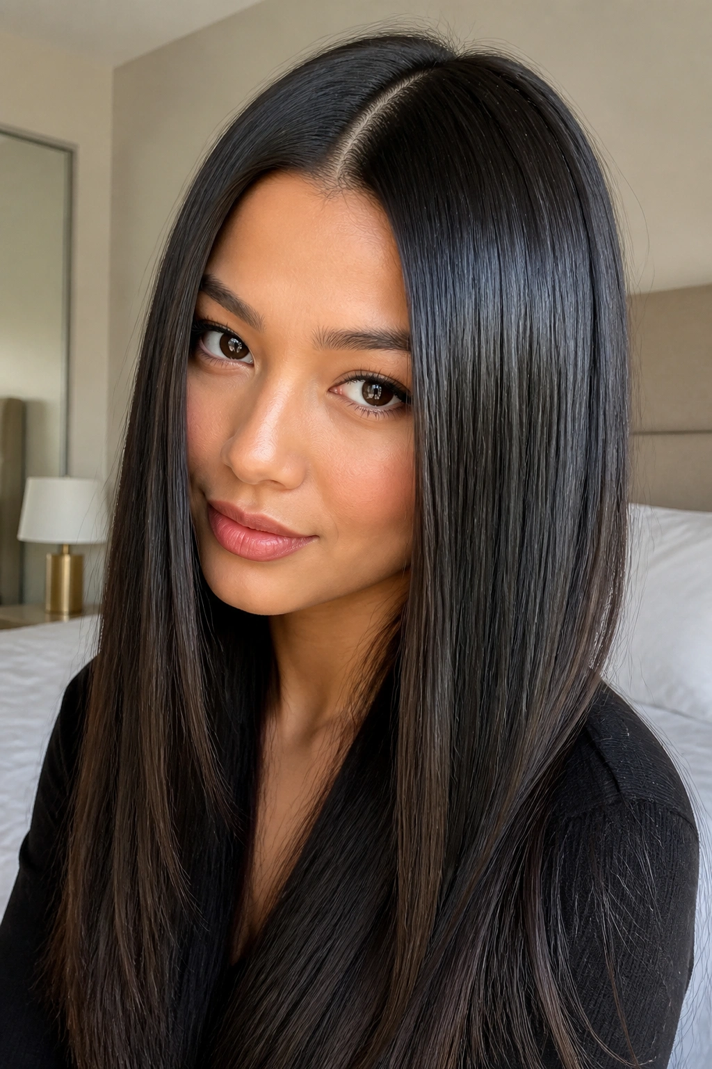 Close-up of straight deep brown hair with a glossy black balayage veil.