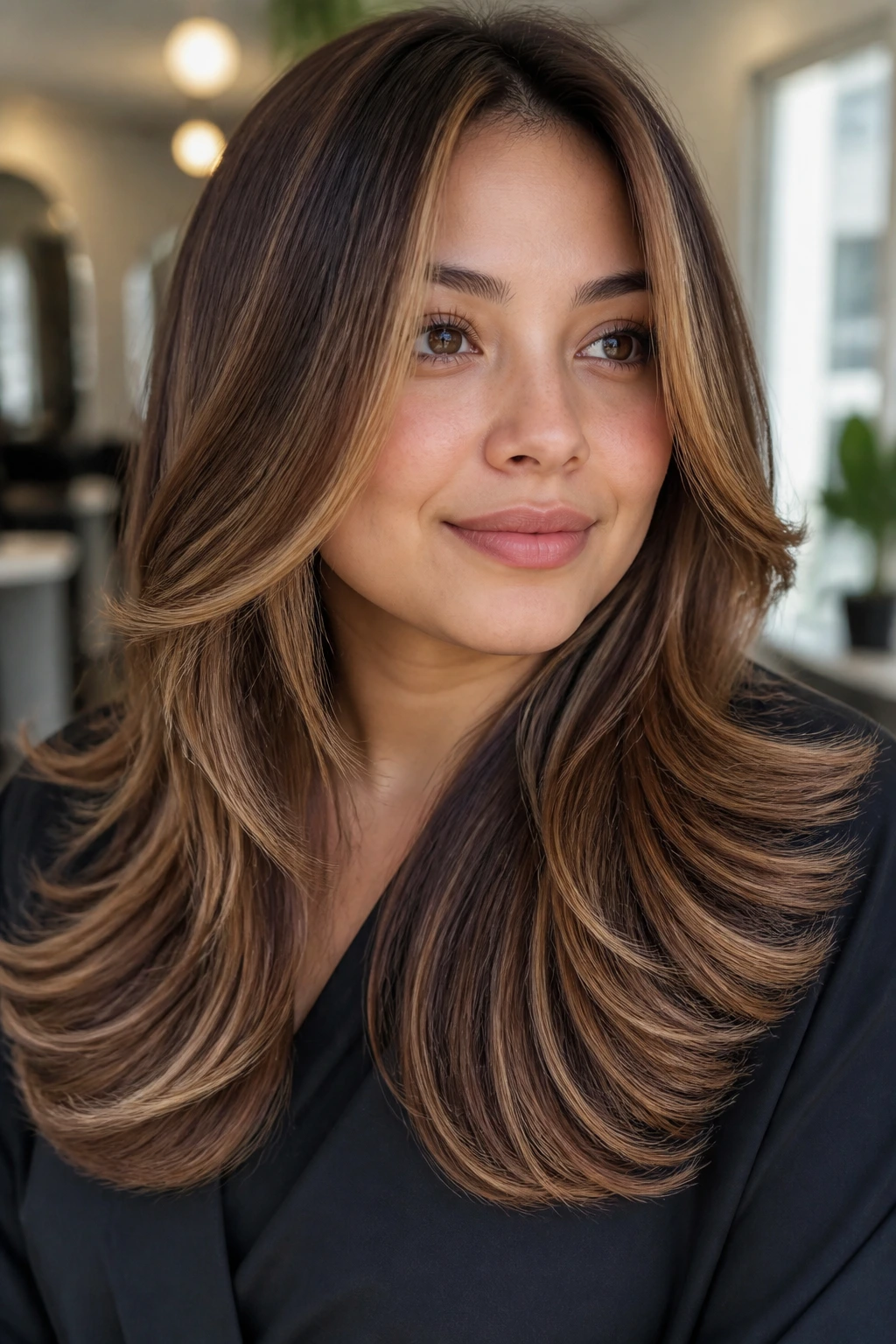 Close-up of a woman with glossy blowout and caramel ribbons through mid-lengths.