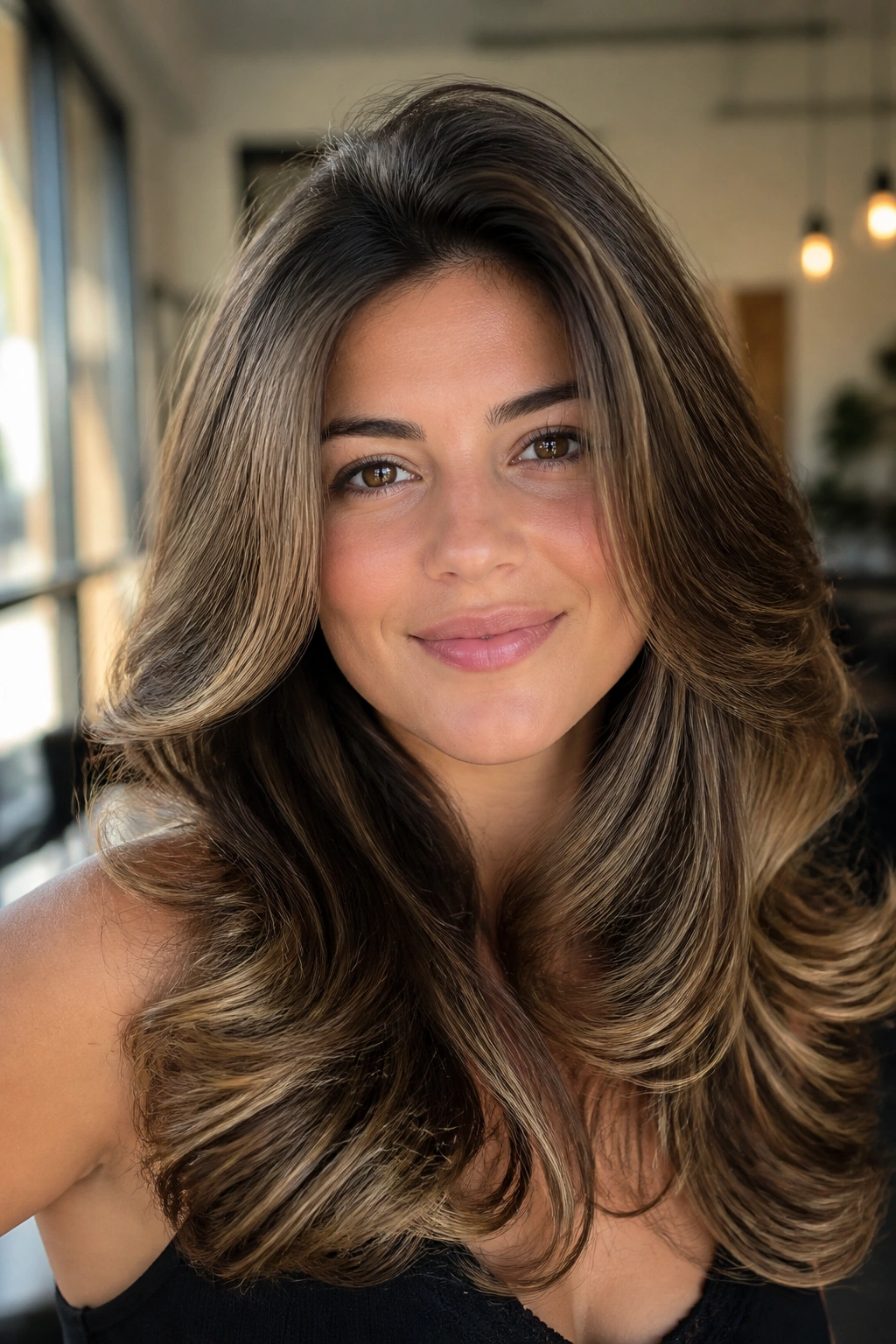 Close-up of a real woman with a glossy blowout featuring lifted crown and smooth ends