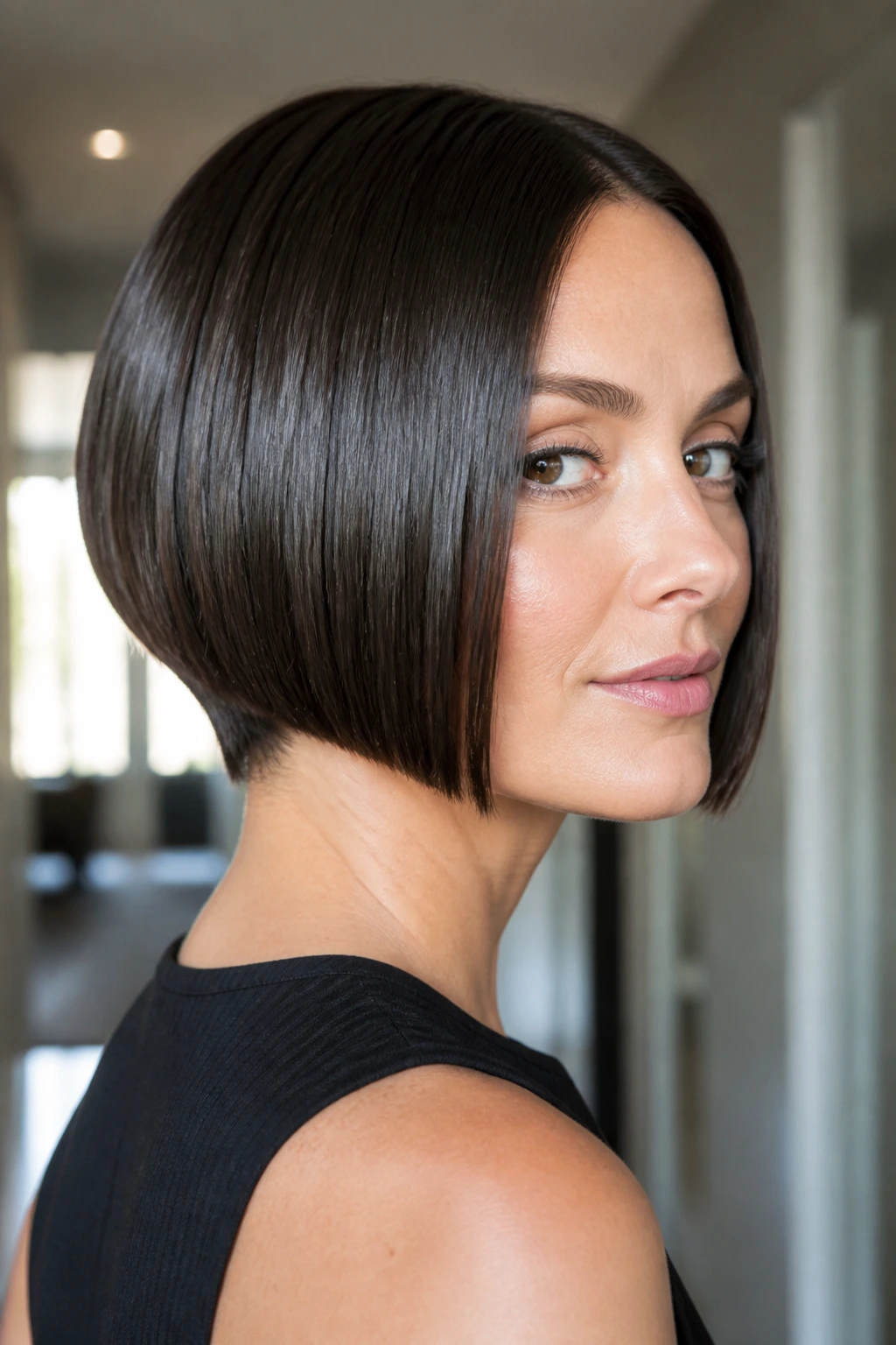 Close-up portrait of real woman with glossy blunt bob and tight nape
