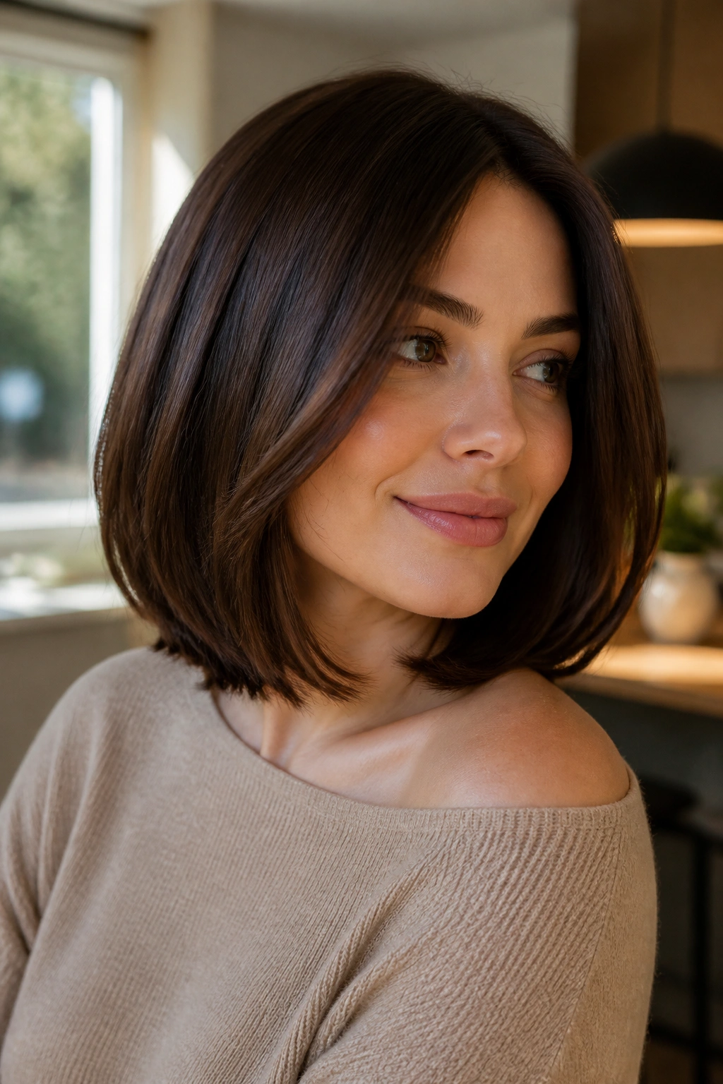 Close-up of a real woman with a glossy shoulder-skimming bob and internal layers.