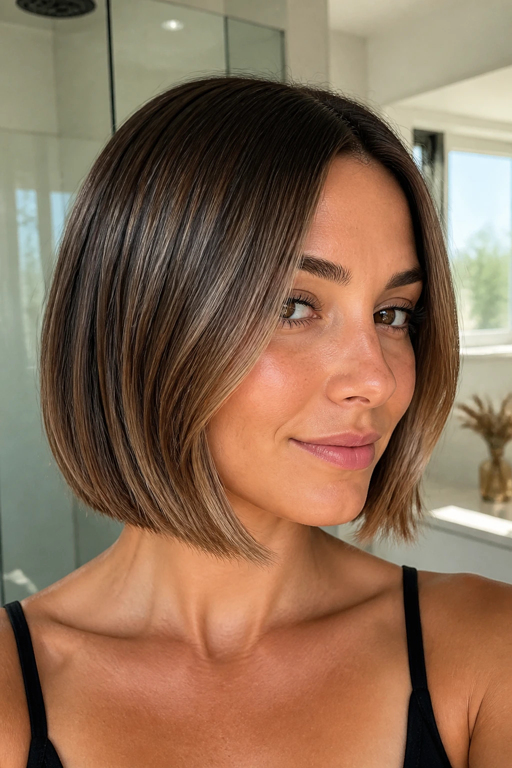 Portrait of a woman with a glossy bronde bob and soft contrast