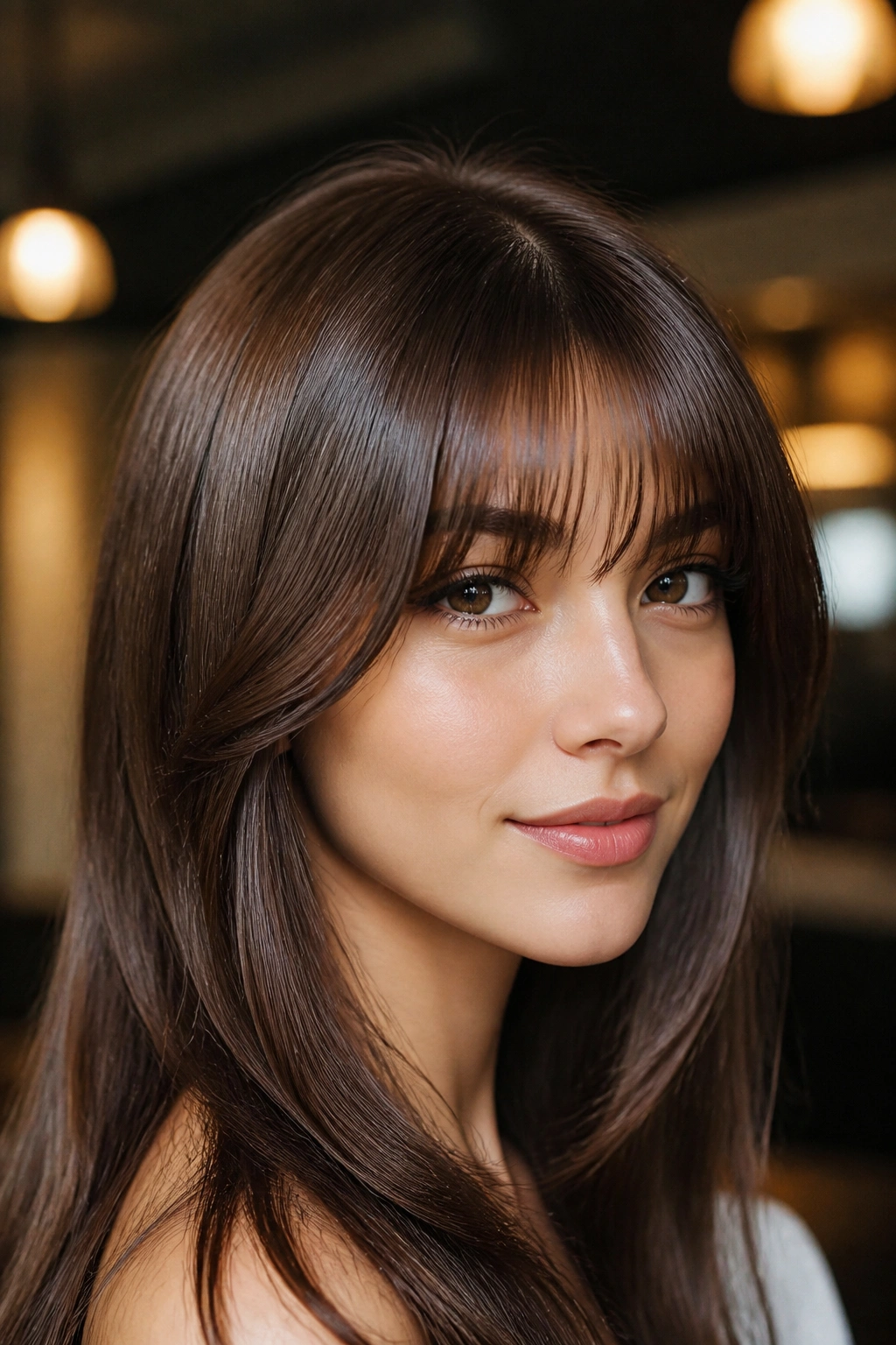 Close-up of a real woman with glossy brown bangs and soft beveled ends in a warm interior