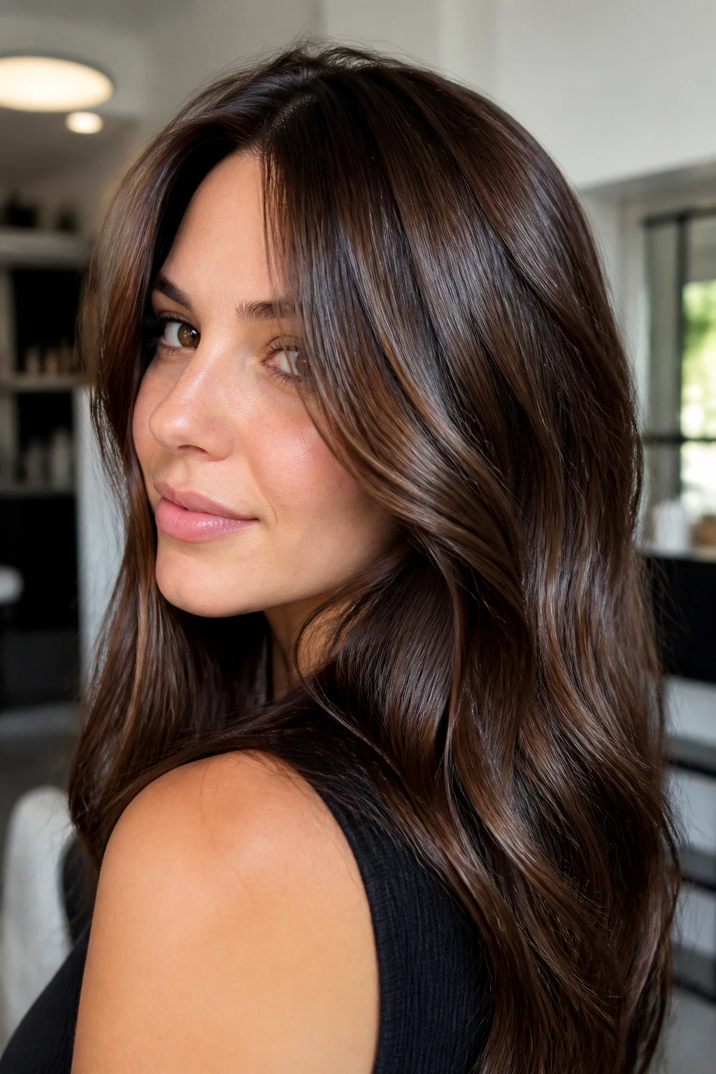 Brunette with glossy chocolate lowlights finished with clear gloss shine.