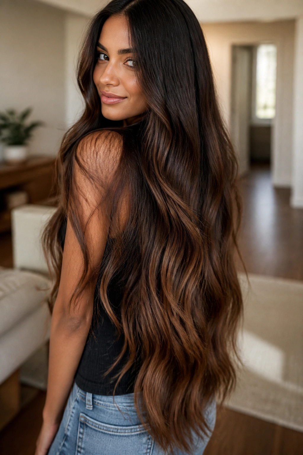 Close-up portrait of a real woman with waist-length glossy brunette ombre hair, rich depth and light ends