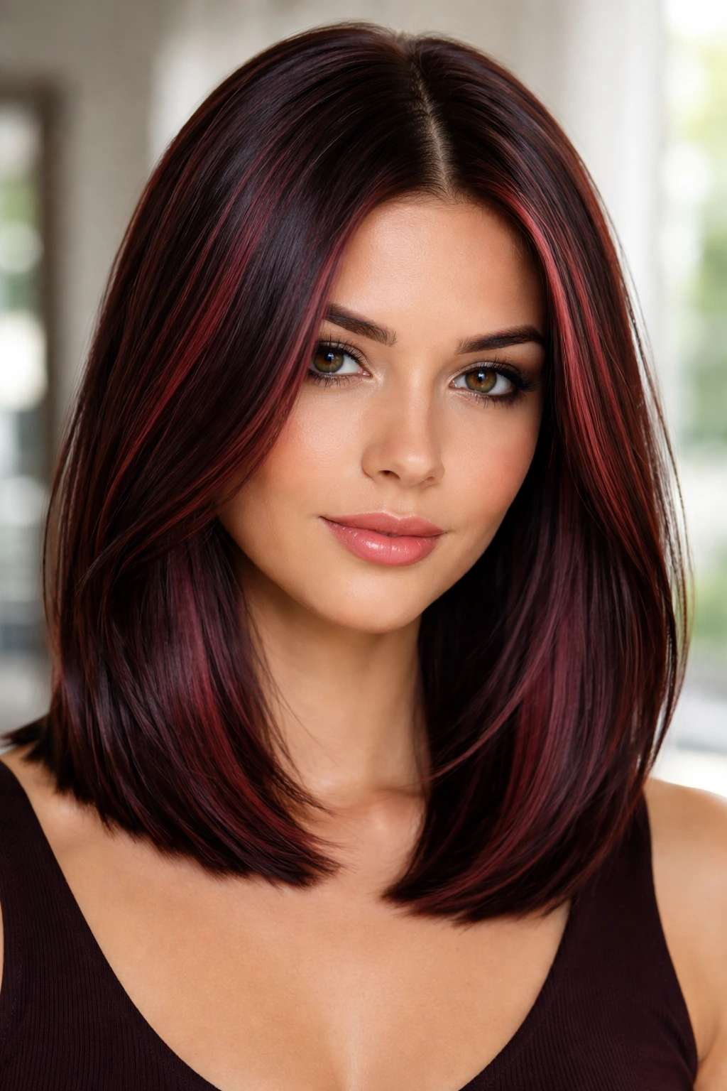 Close-up of a real person with glossy burgundy highlights on a sleek lob