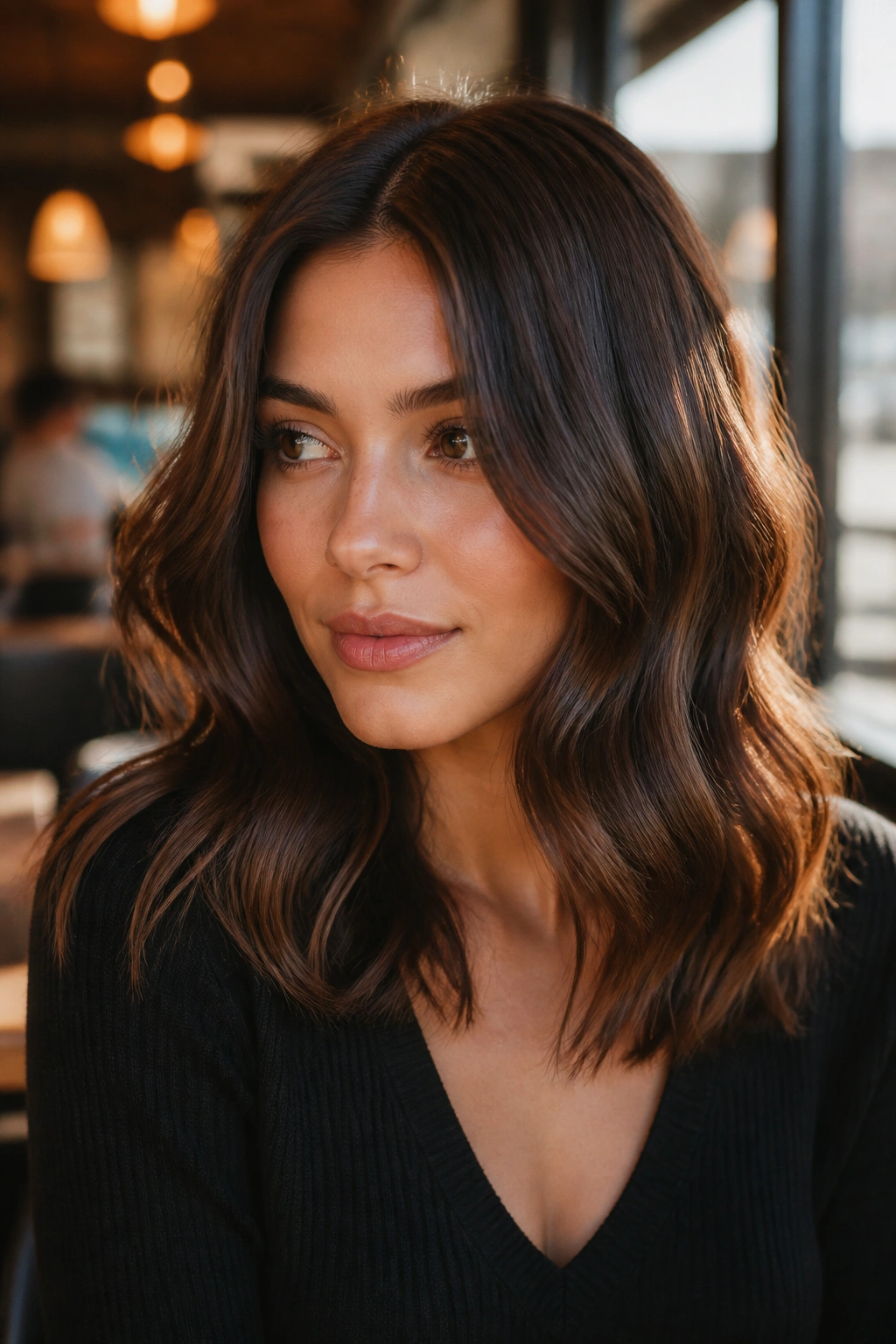 Real person with glossy center-part waves at medium length