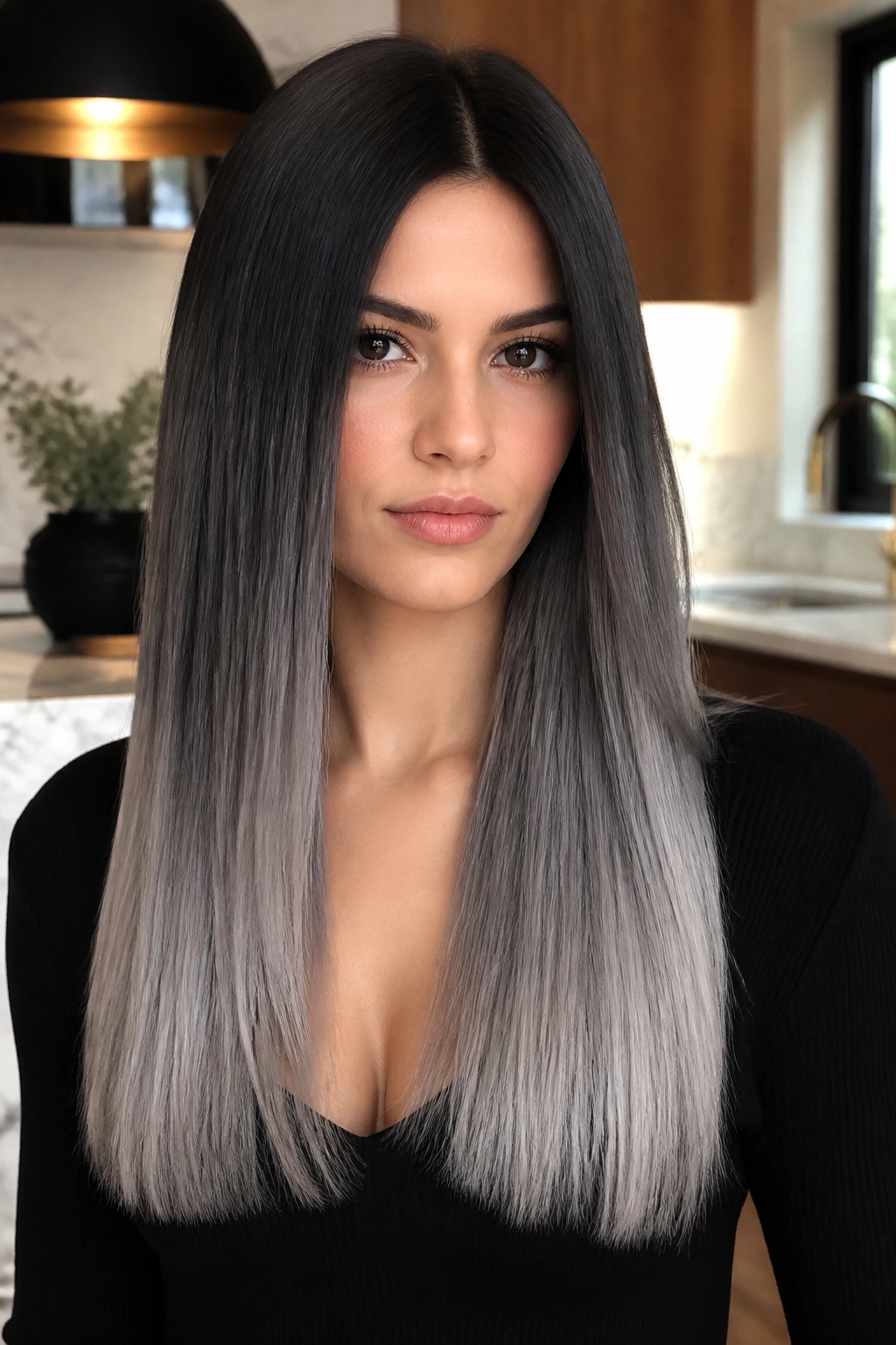 Portrait of a real person with glossy charcoal straight lengths ombre from black roots to silver ends.