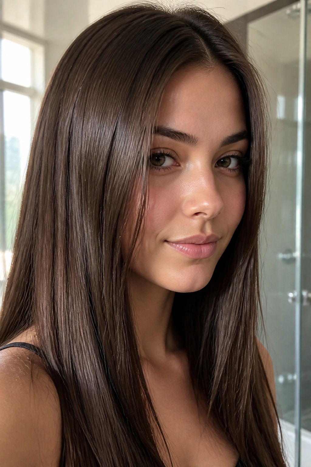Close-up of a real woman with glossy chestnut brown straight hair under natural window light