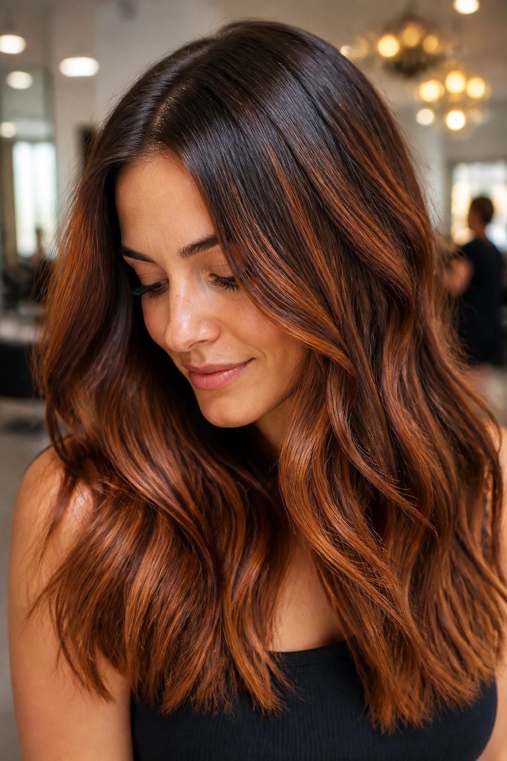 Close-up of a real woman with glossy chestnut copper balayage on brunette hair