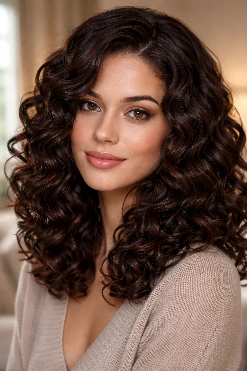 Close-up of a real woman with glossy dark chocolate ringlets under soft window light