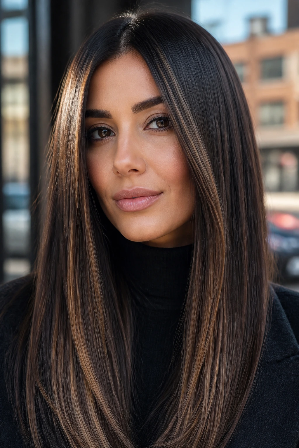 Close-up portrait of a real woman with glossy dark brunette balayage on straight hair