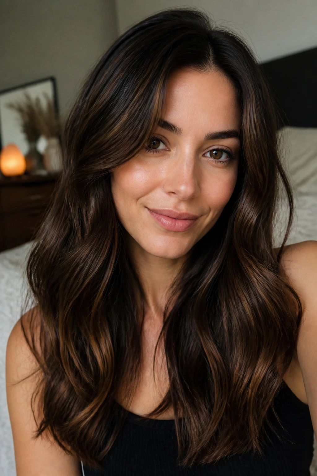 Close-up of a real brunette with glossy deep-brown lowlights for an easy grow-out.