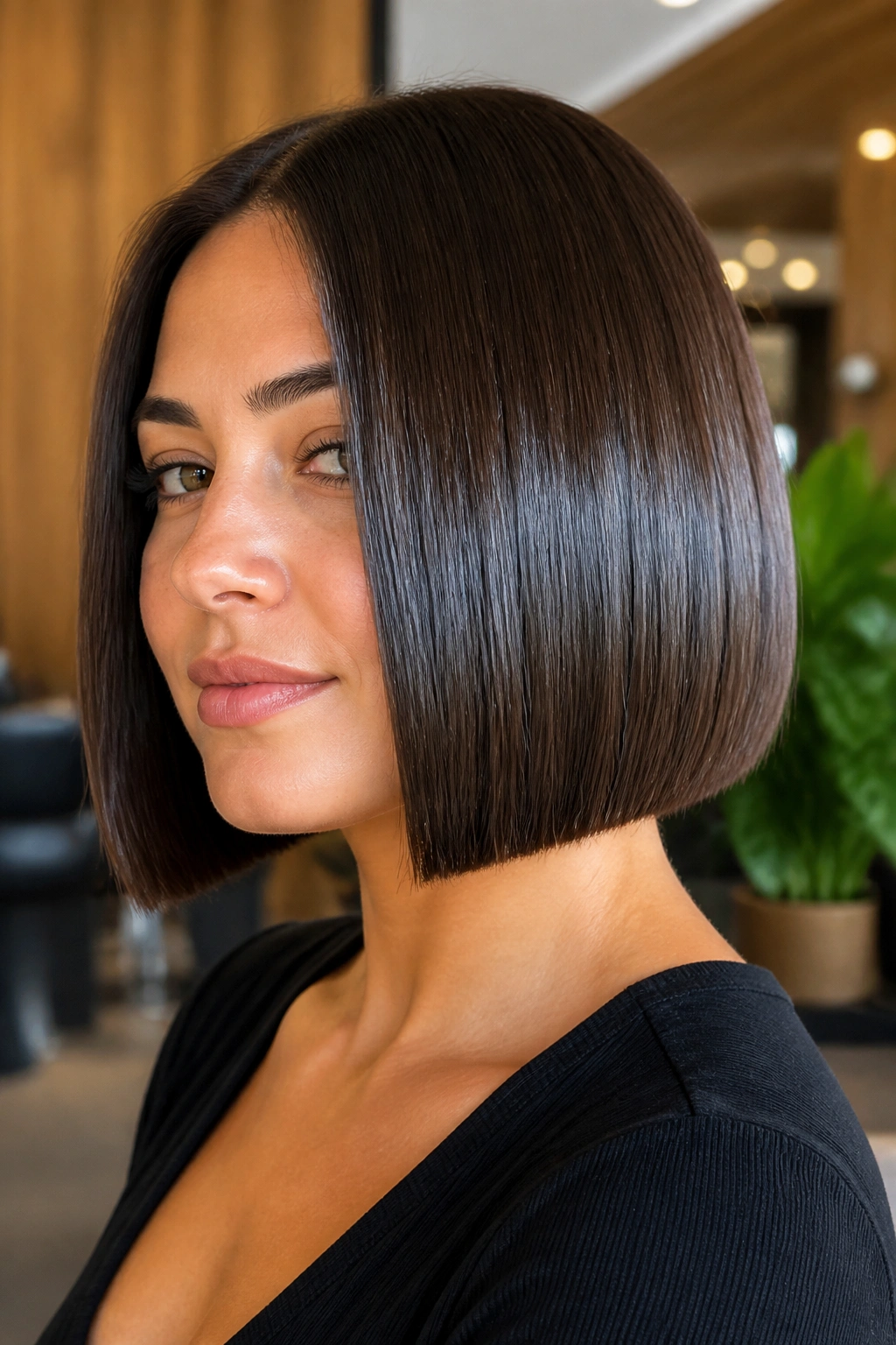 Real woman with glossy glass bob in chic salon setting