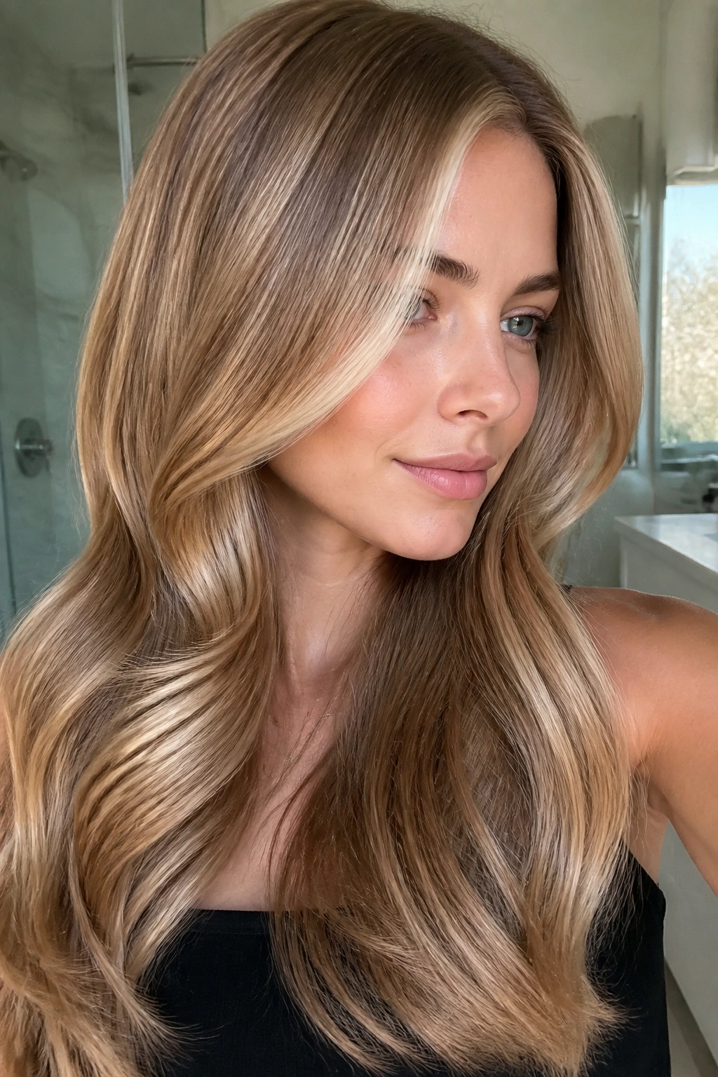 Close-up portrait of a real woman with a glossy caramel glaze on a neutral blonde base
