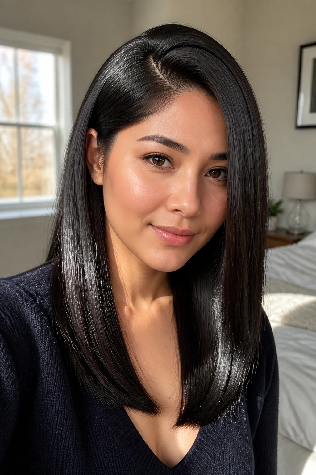 Close-up of a real woman with a deep side part and glossy straight hair past the collarbone.