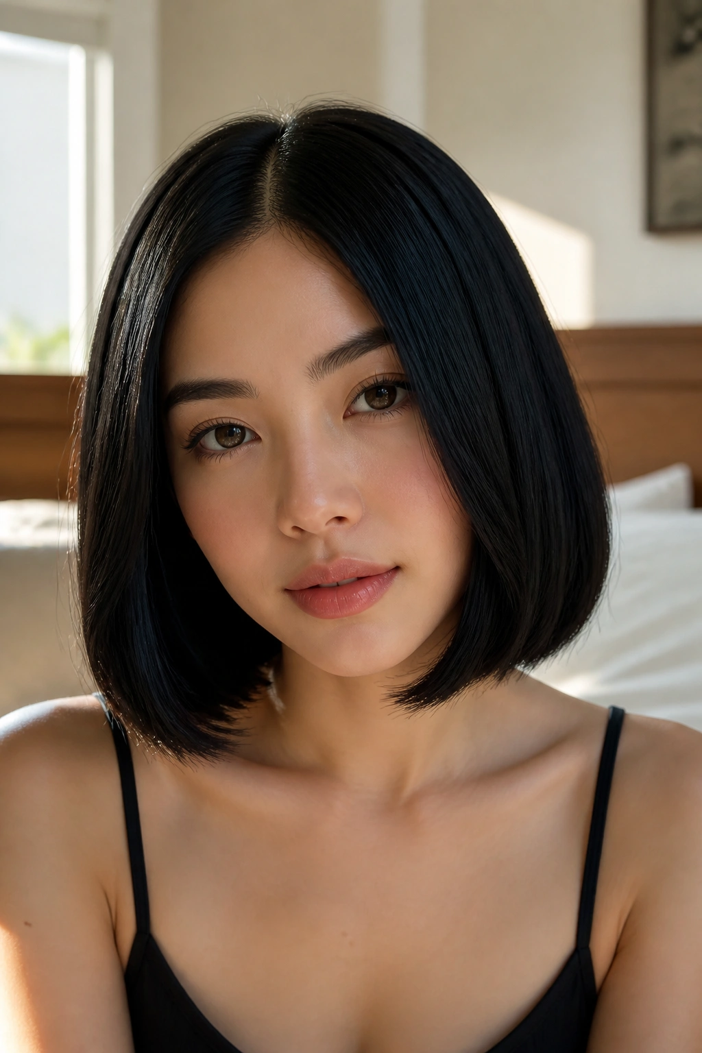 Close-up portrait of a woman with a blunt, glossy jet-black lob skimming the jawline.