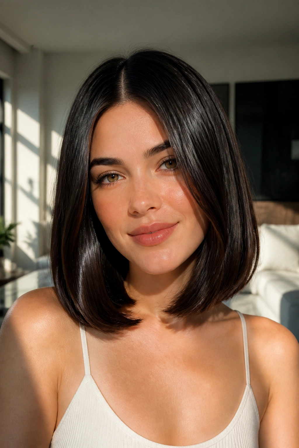 Portrait of a person with a glossy middle-part lob in warm window light