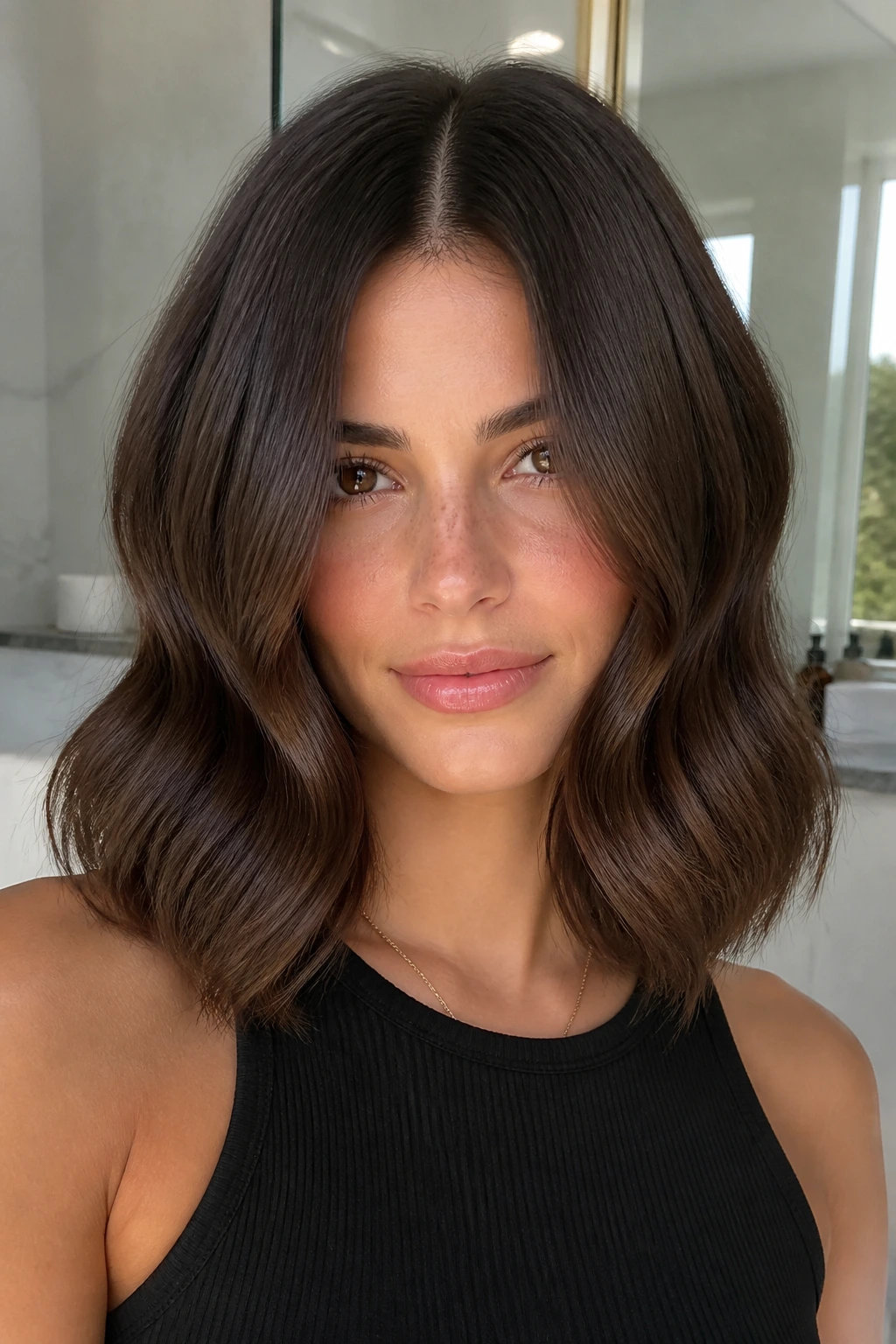 Portrait of a woman with glossy lob and soft S-waves in a sunlit bathroom.