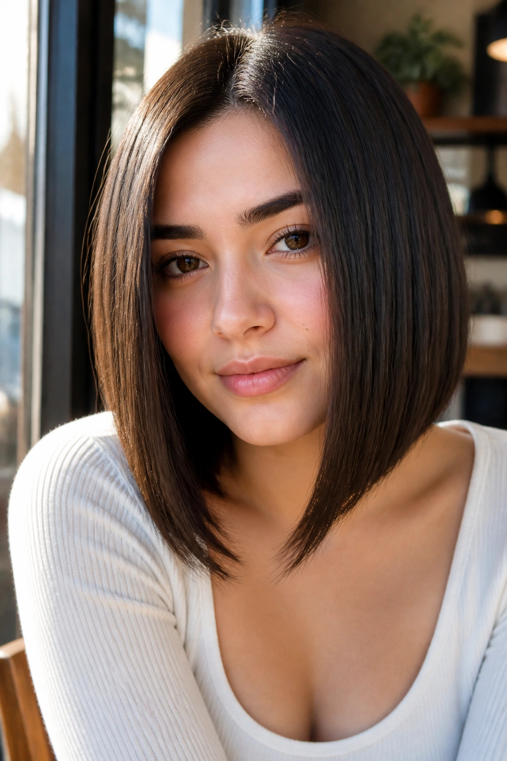 Close-up of a real woman with a glossy long front bob framing the face in warm daylight