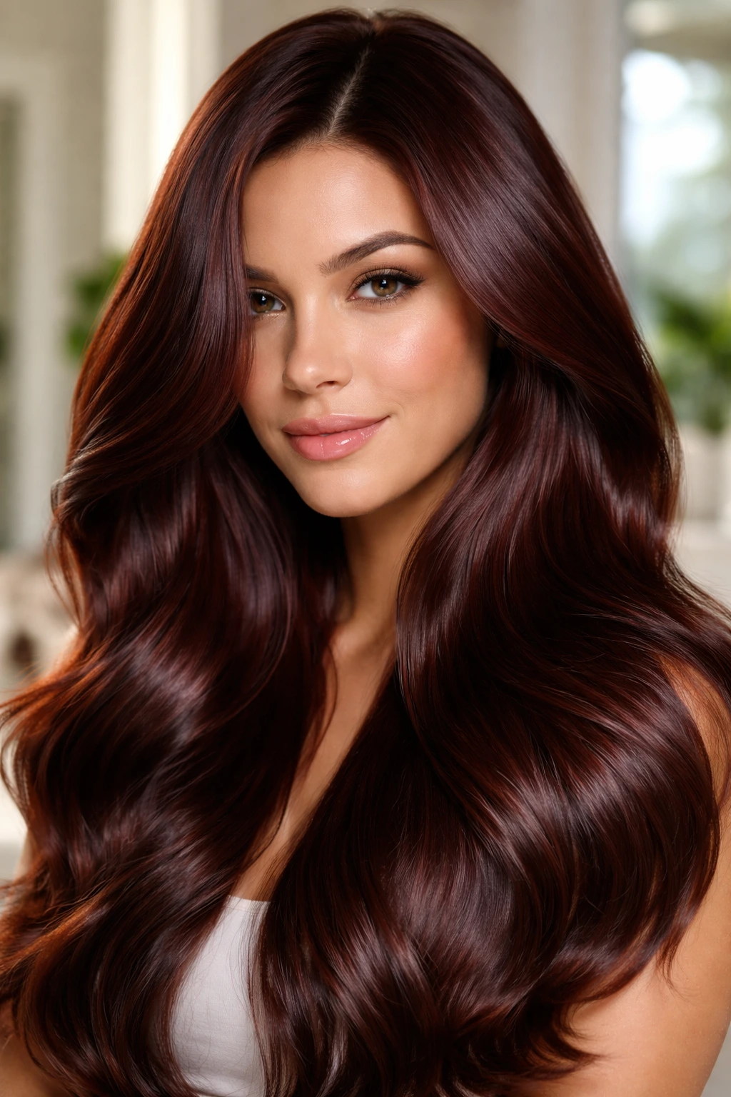 Real woman with glossy mahogany hair and bright shine