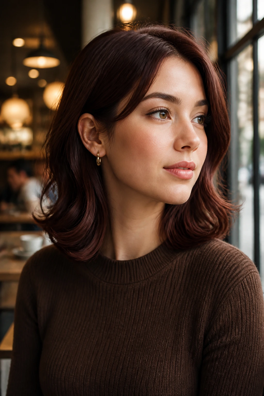 Portrait of a real woman with glossy mahogany waves and tucked ends