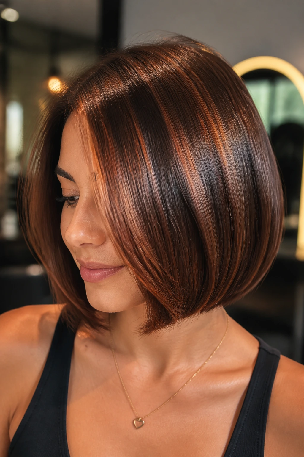 Close-up portrait of silky brown bob with glossy metallic copper highlights