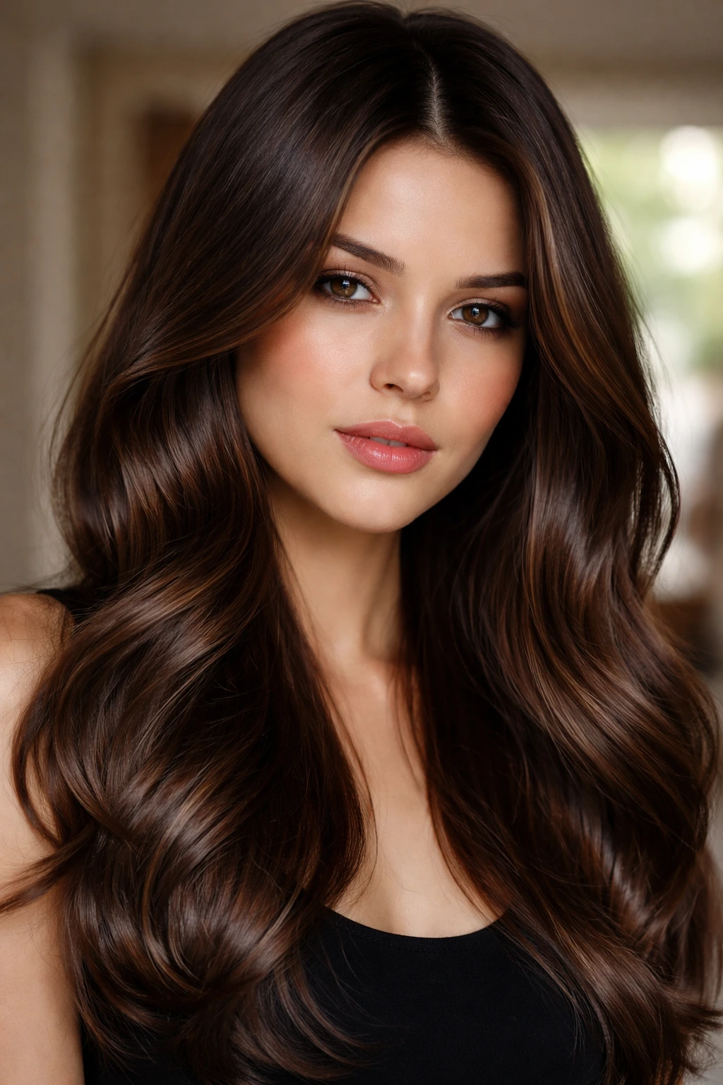 Close-up of a real person with glossy mocha brown and shadow root hairstyle