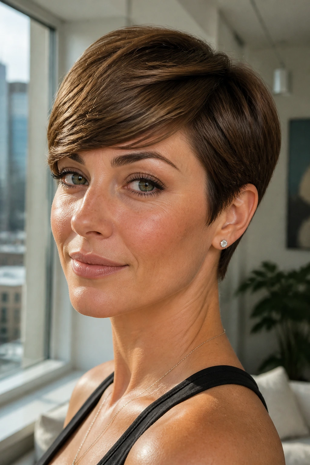 Close-up of a real woman with glossy neutral brown sleek pixie, polished finish