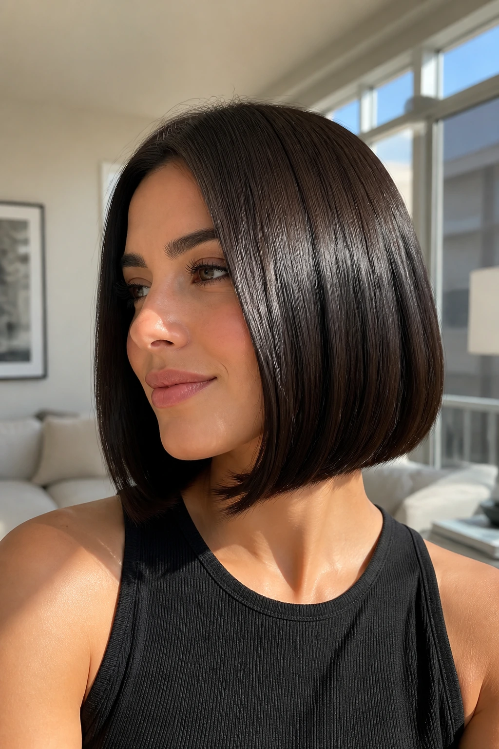 Brunette with glossy one-length bob and subtle bend.