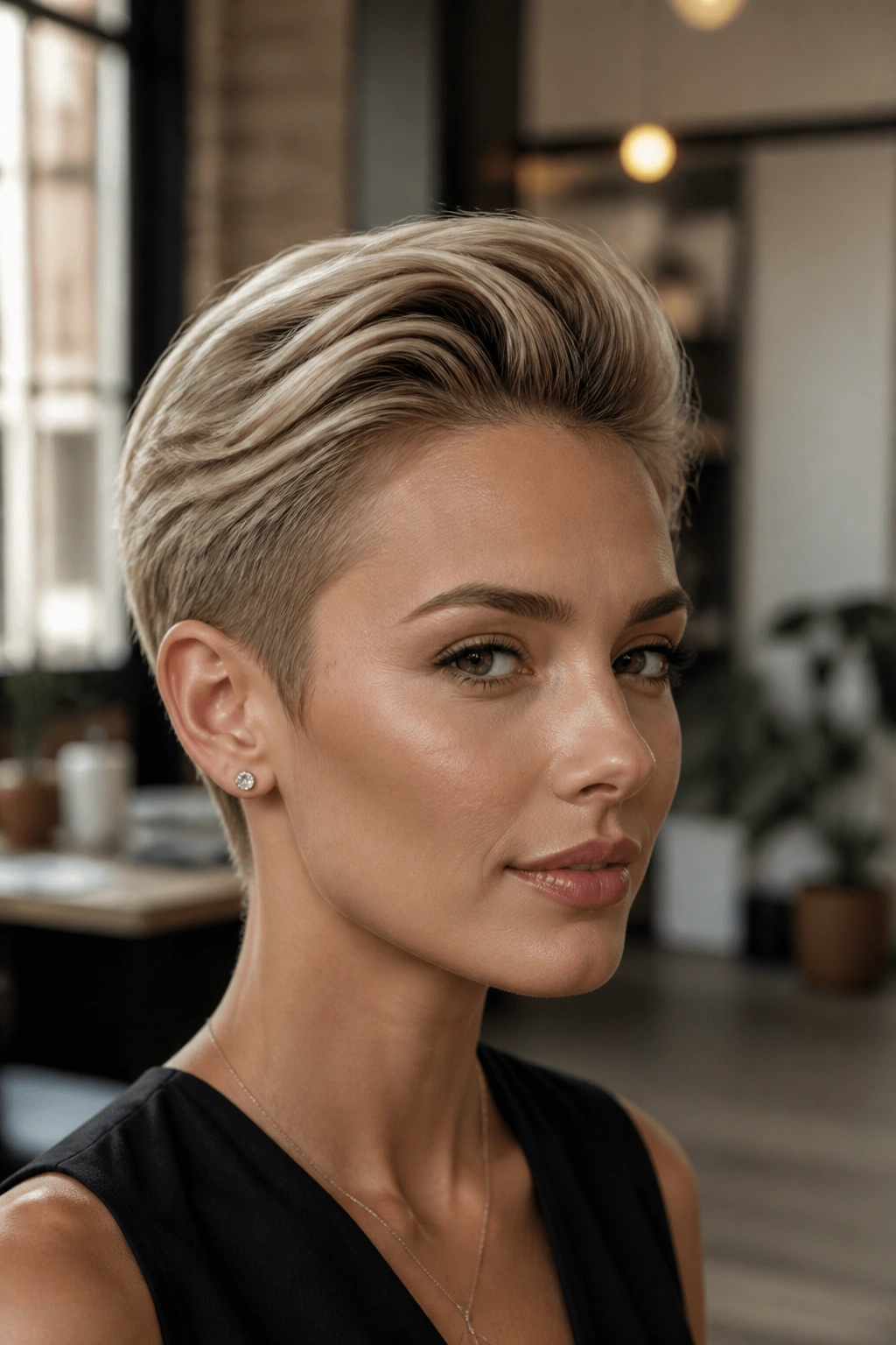 Close-up portrait of a real woman with a glossy swept-back pixie