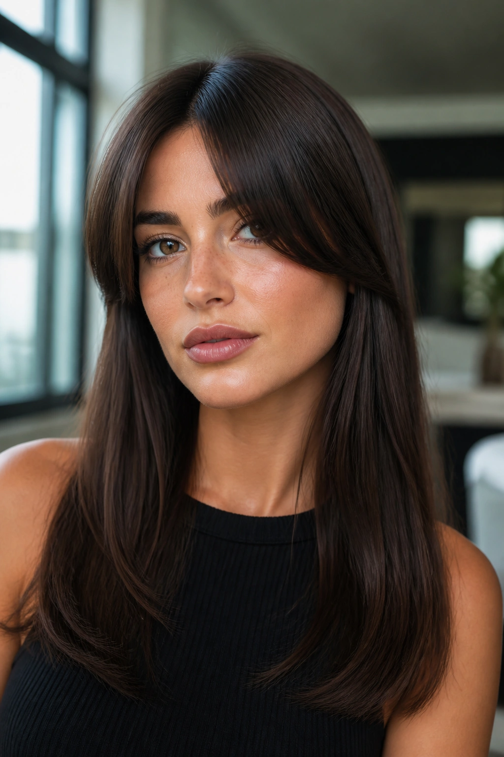 Close-up of a real woman with glossy polished curtain bangs and straight hair