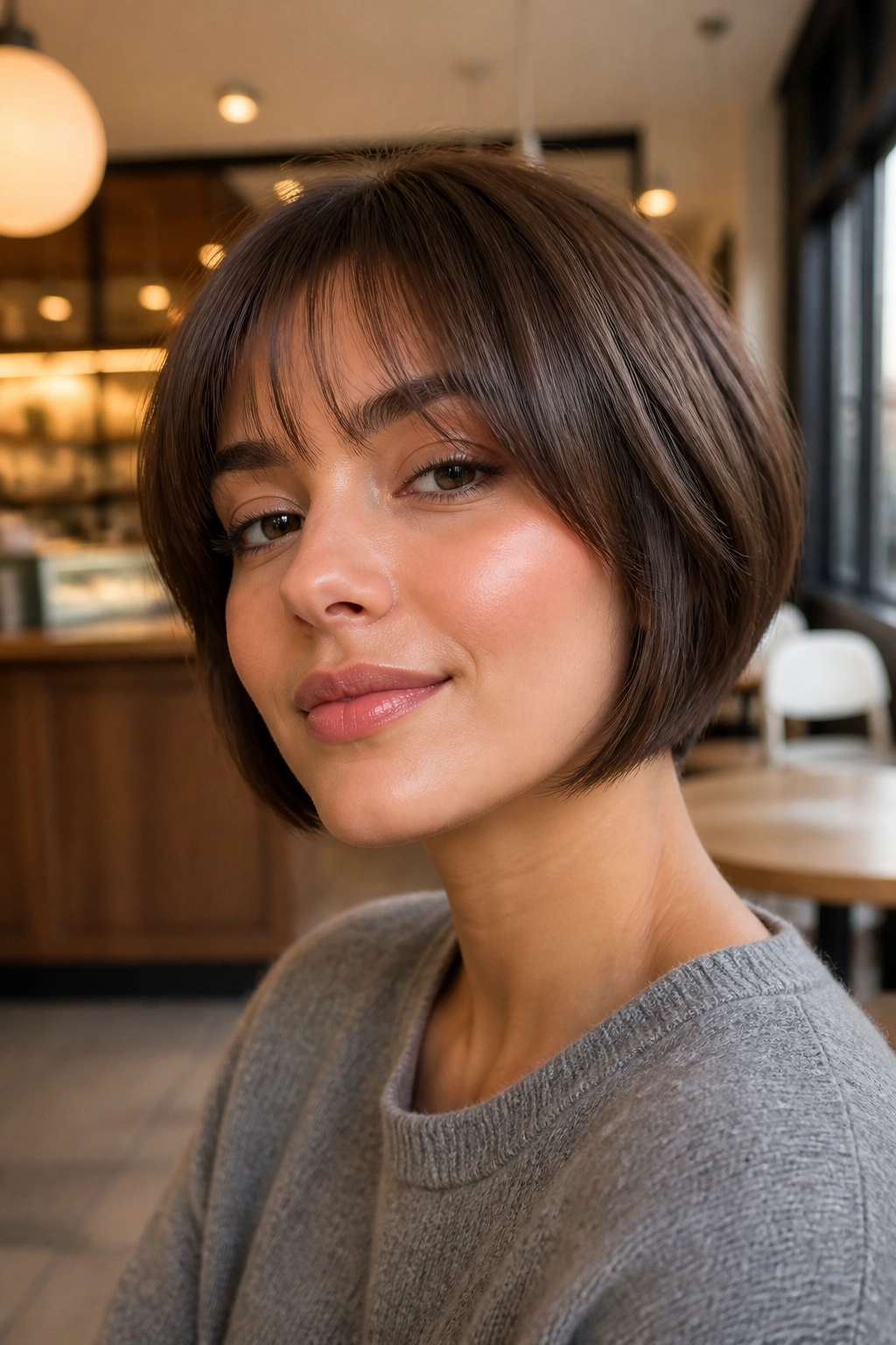 Real person with glossy short cut and light fringe in a warm cafe setting.