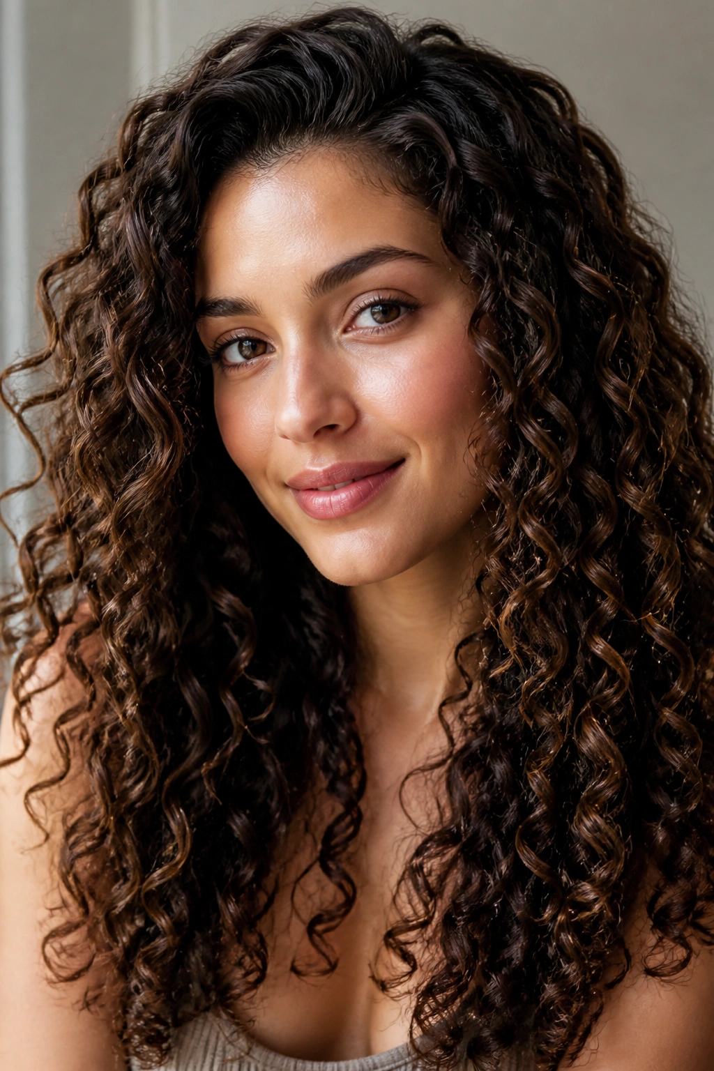 Close-up of glossy spiral curls with clear definition and shine on a real person