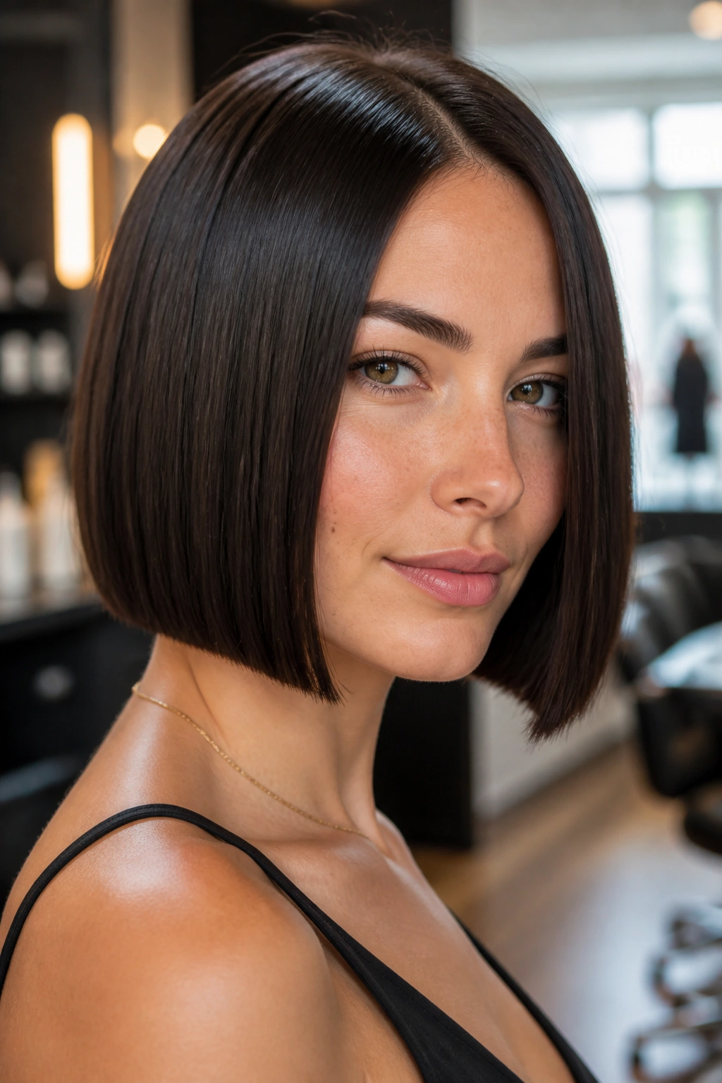 Close-up of a real woman with a glossy straight bob under soft salon lighting.