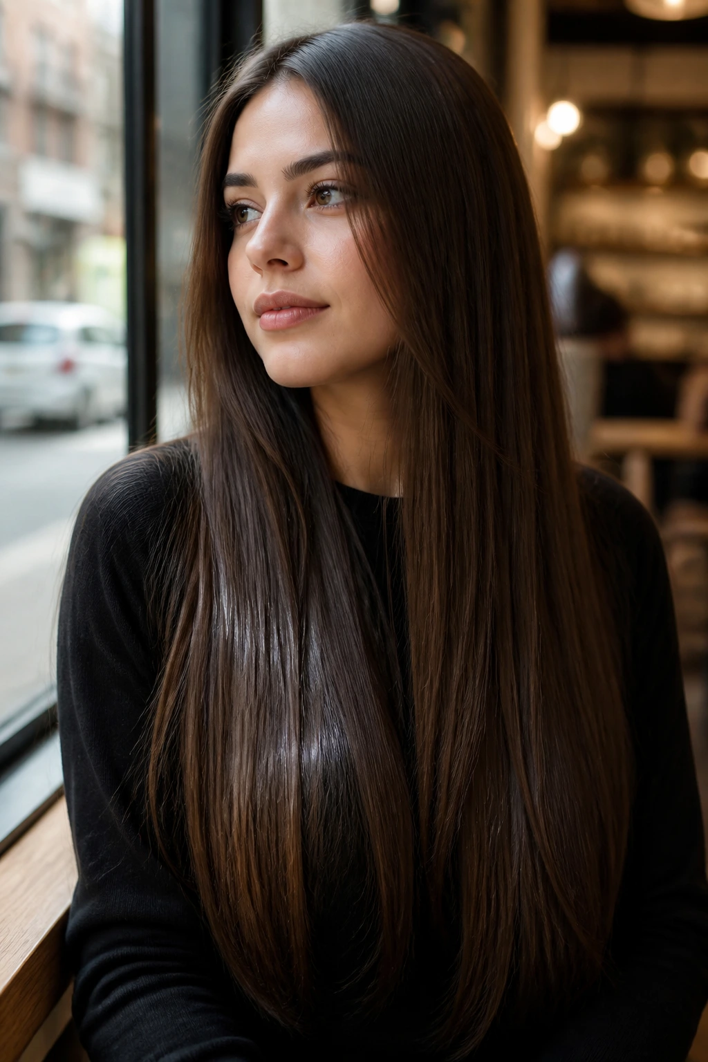 Portrait of a woman with glossy straight long brown hair and minimal face-framing