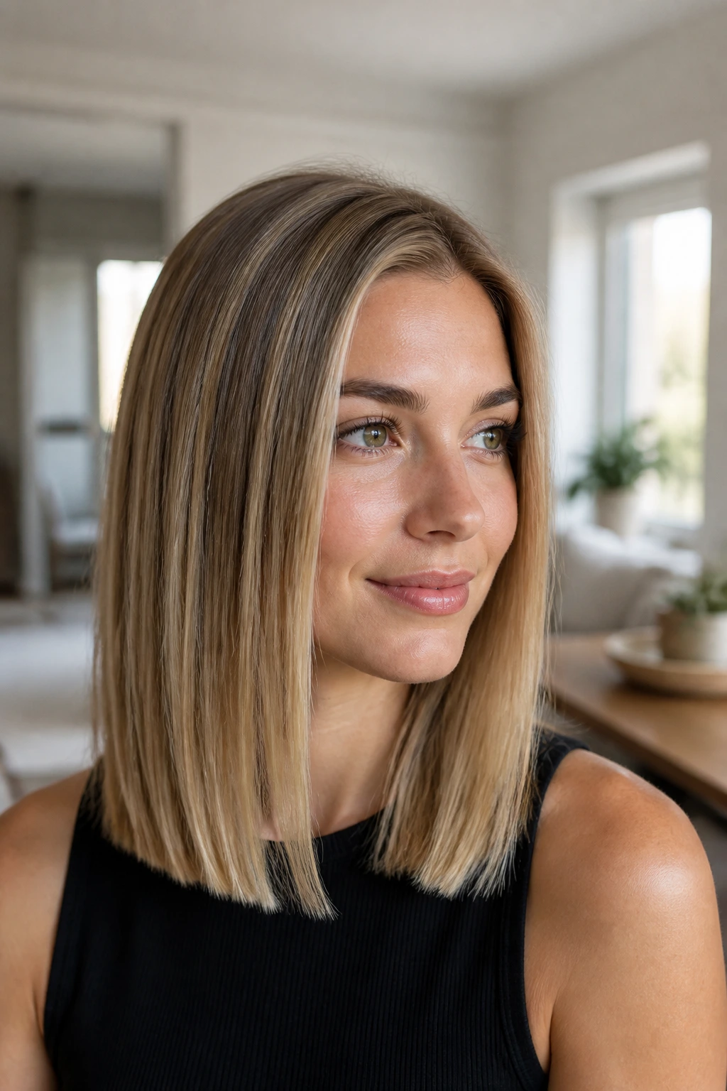 Close-up of a woman with glossy straight midi and invisible volume in bright room