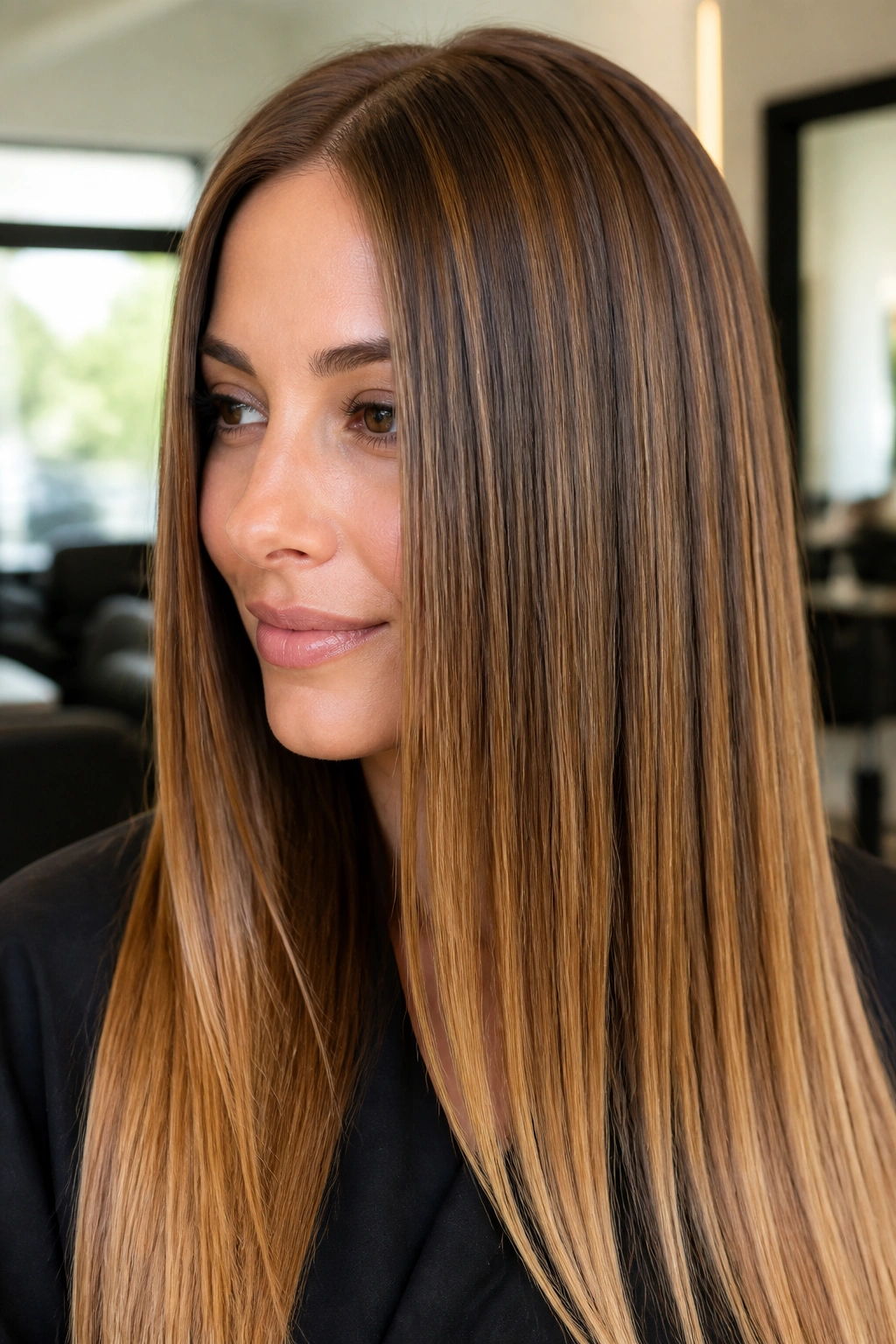 Close-up of straight hair with glossy toffee highlights.