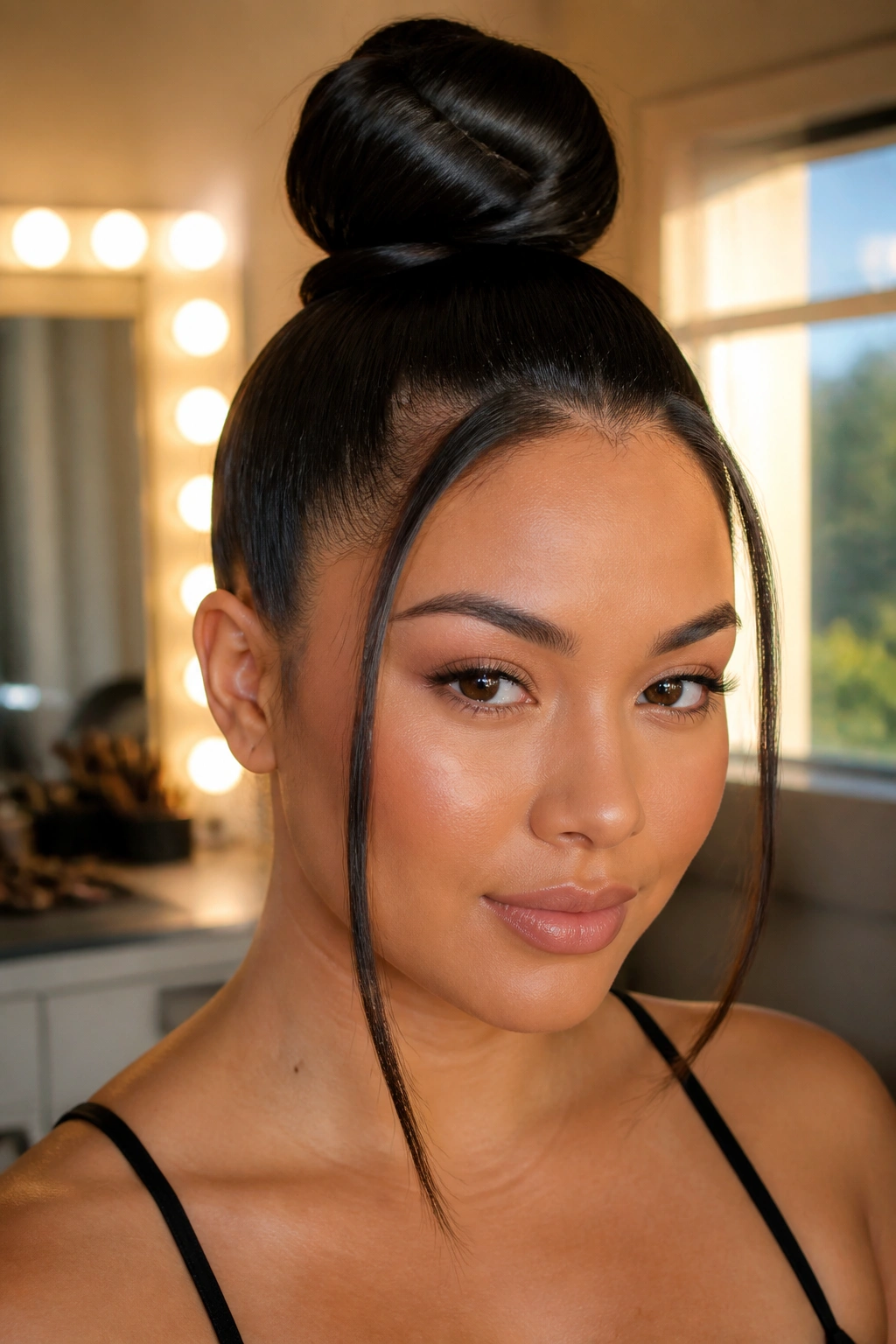 Close-up of a real woman with a glossy top knot in a bright dressing room
