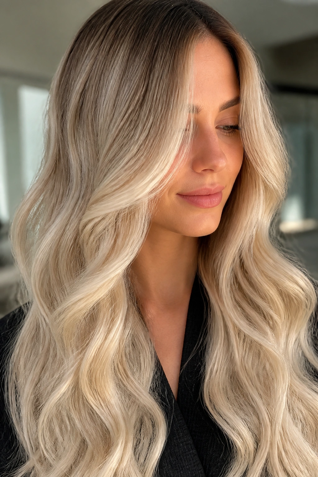 Close-up of a real woman with glossy waves and a subtle platinum fade
