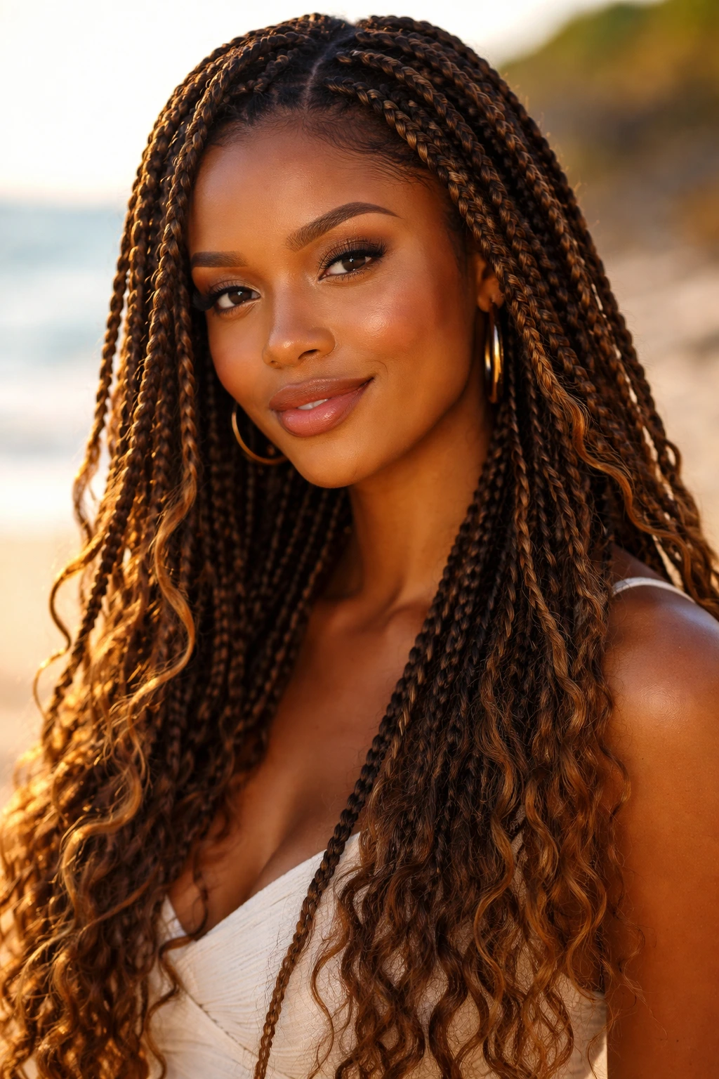Close-up portrait of a real woman with goddess box braids and loose curls on a sunny beach