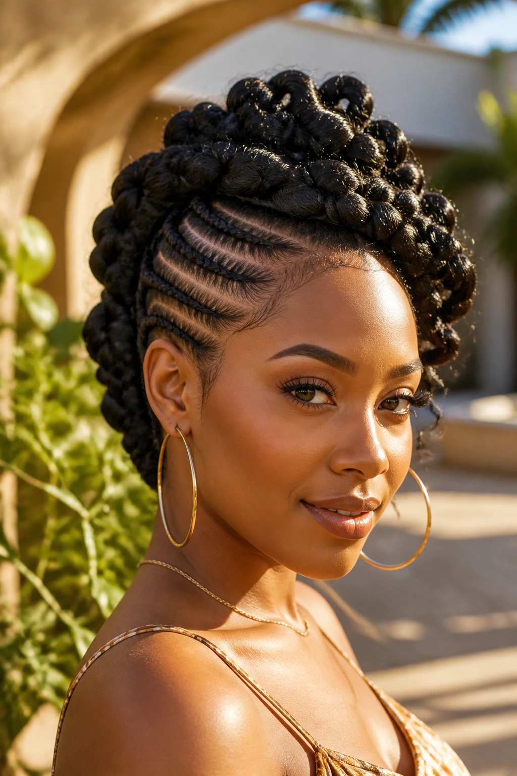 Close-up of a real person with goddess braid mohawk in golden hour light