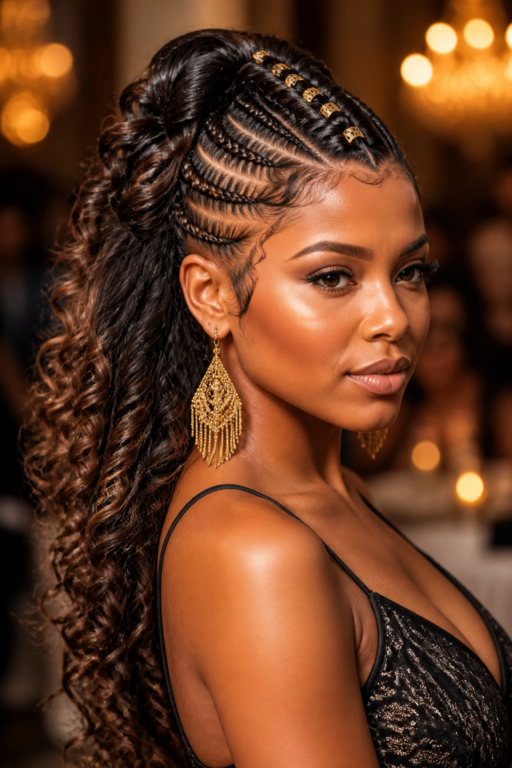 Real woman with goddess braided mohawk and loose curls