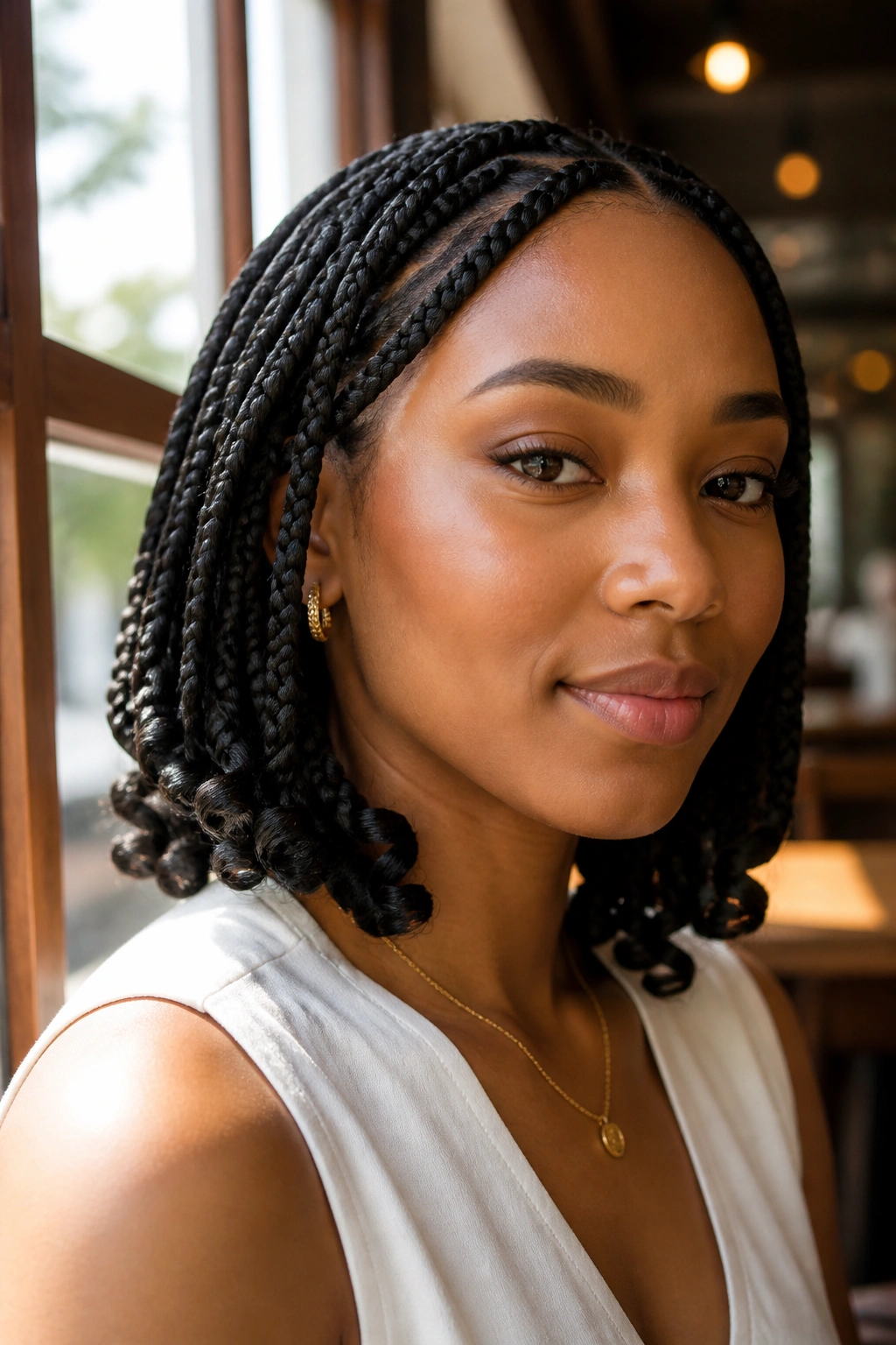 Close-up of a real woman wearing goddess braids with curled ends