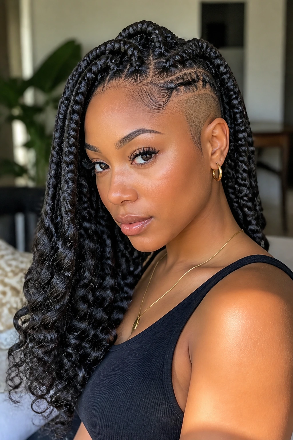 Close-up of a real woman's head showing goddess braids with curly ends and tapered sides