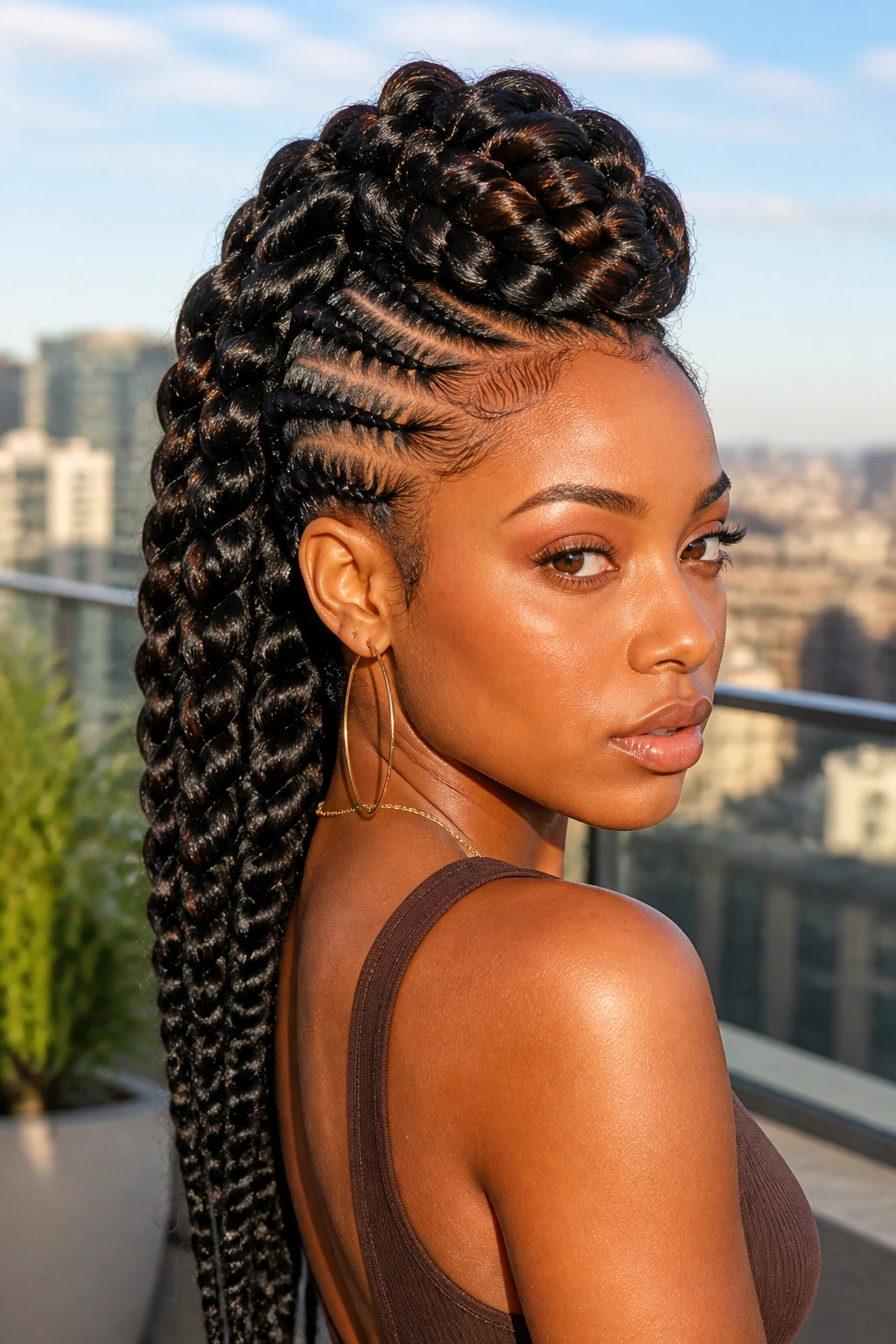 Close-up of a real person with large goddess braids forming a centered mohawk on a sunlit terrace.