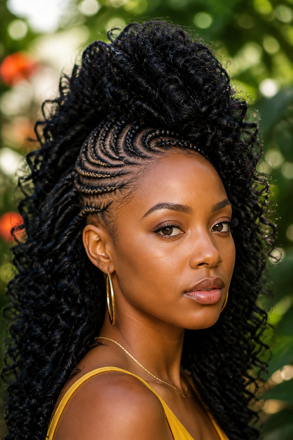 Close-up portrait of a person with goddess braided Mohawk.