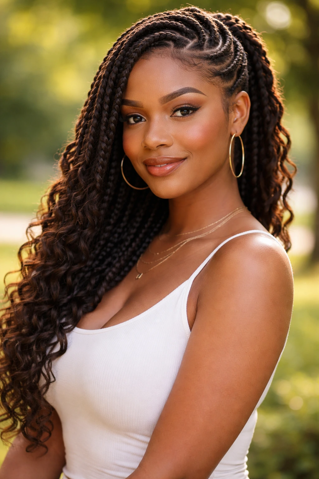 Real woman with goddess braids in park setting