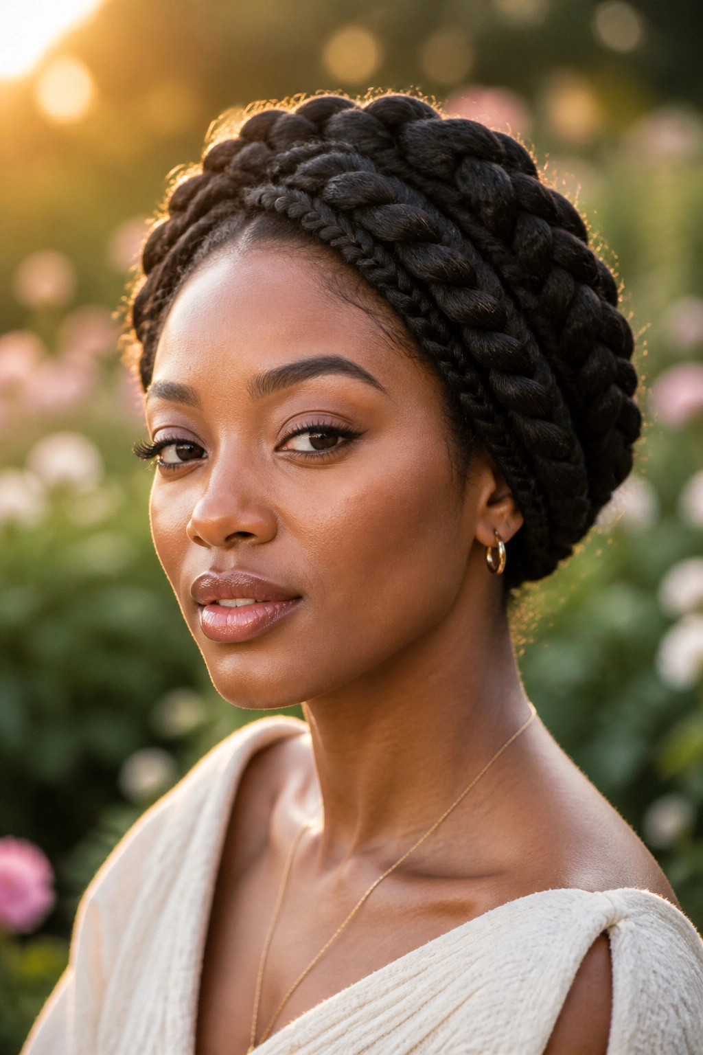Close-up portrait of a real woman with thick goddess braids forming a soft crown in warm outdoor light