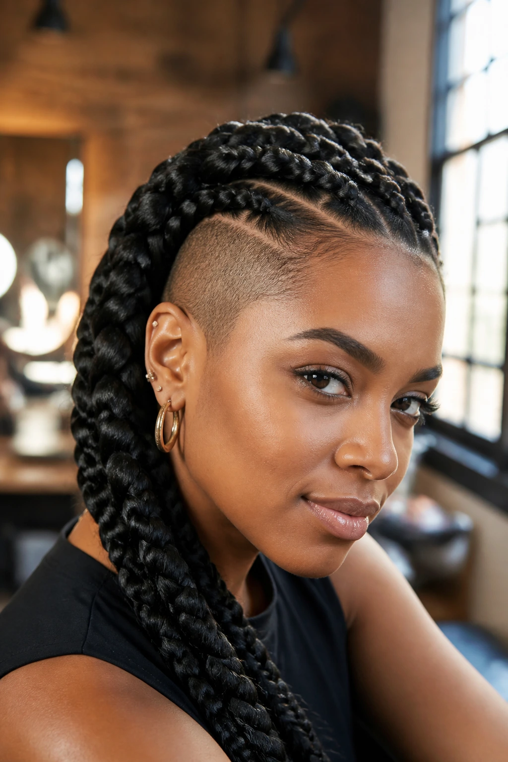 Close-up of a woman with jumbo goddess braids and a side undercut